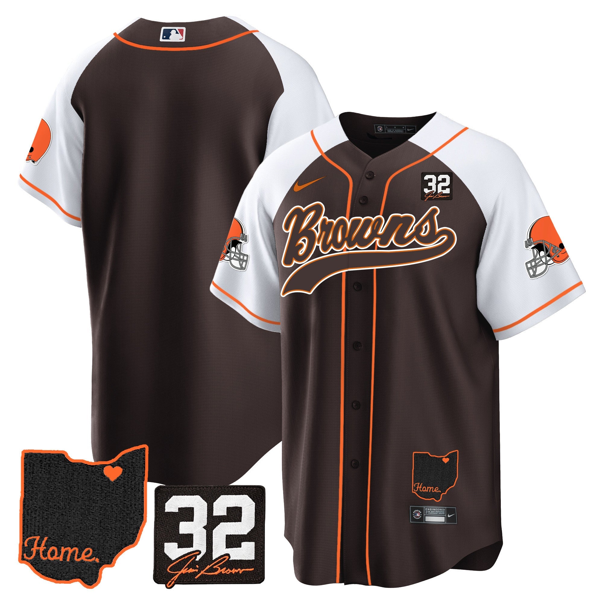 Browns #32 Jim Brown Memorial & Home Patch Baseball Jersey V2 – All Stitched – Alternate – Team Jersey
