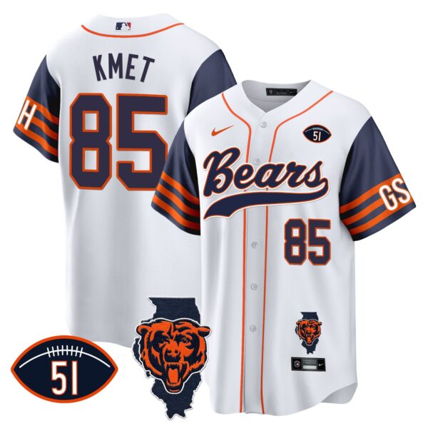 Bears Illinois Patch Baseball Jersey – All Stitched – Navy Sleeves – Cole Kmet Jersey
