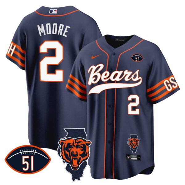 Bears Illinois Patch Baseball Jersey – All Stitched – Navy – D.J. Moore Jersey