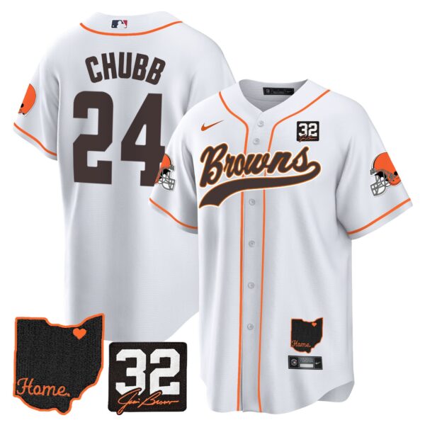 Browns #32 Jim Brown Memorial & Home Patch Baseball Jersey V2 – All Stitched – White – Nick Chubb Jersey