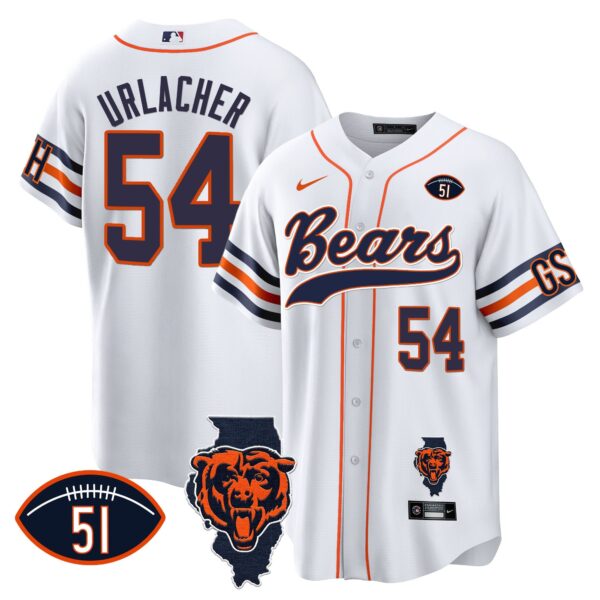 Bears Illinois Patch Baseball Jersey – All Stitched – White – Brian Urlacher Jersey