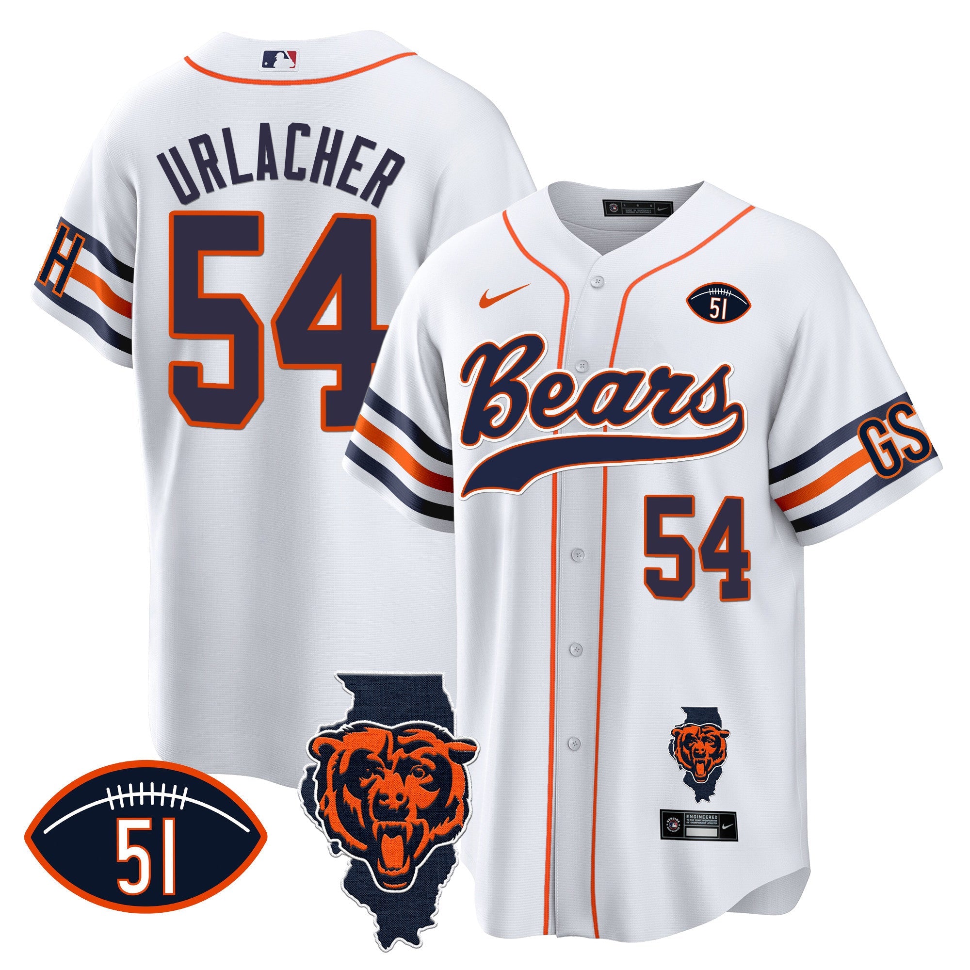 Bears Illinois Patch Baseball Jersey – All Stitched – White – Brian Urlacher Jersey