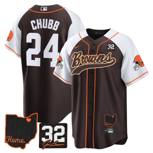 Browns #32 Jim Brown Memorial & Home Patch Baseball Jersey V2 – All Stitched – Alternate – Nick Chubb Jersey