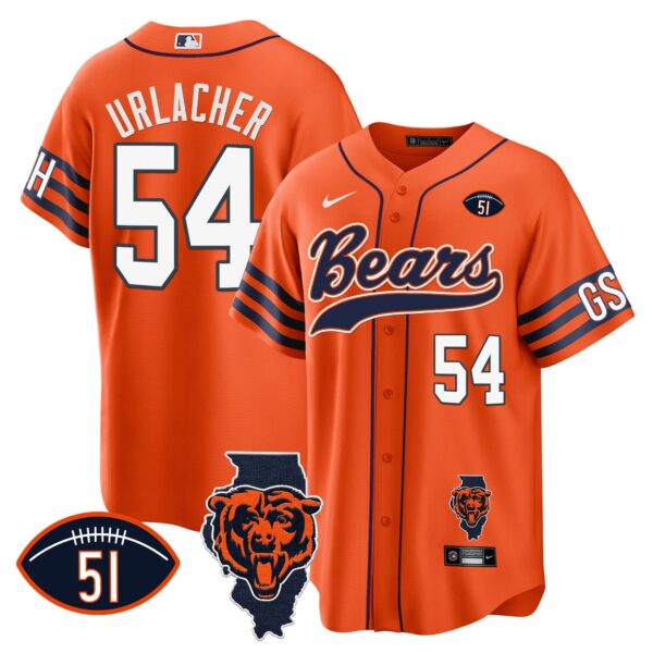 Bears Illinois Patch Baseball Jersey – All Stitched – Orange – Brian Urlacher Jersey