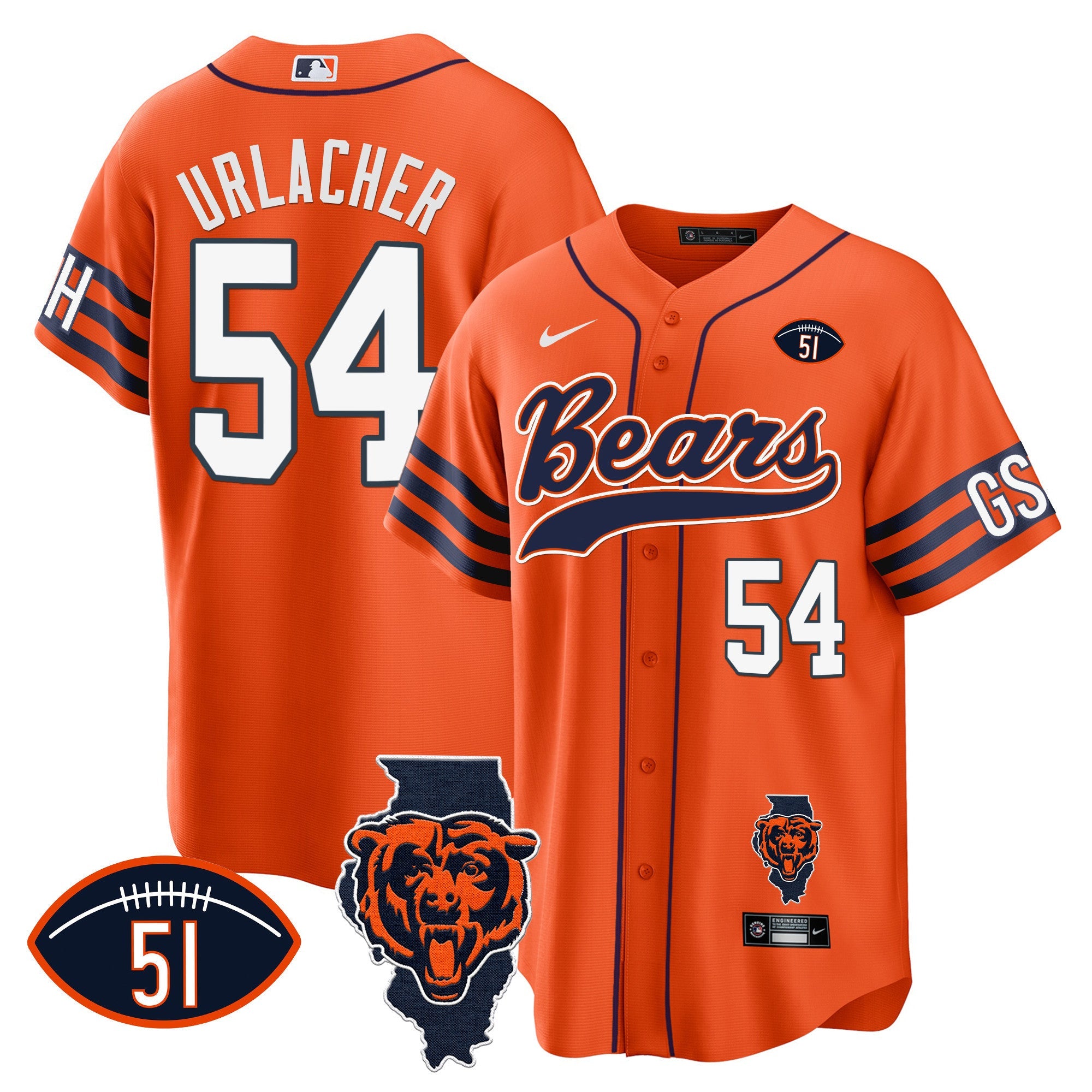 Bears Illinois Patch Baseball Jersey – All Stitched – Orange – Brian Urlacher Jersey