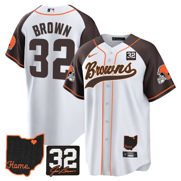 Browns #32 Jim Brown Memorial & Home Patch Baseball Jersey V2 – All Stitched – Inverted – Jim Brown Jersey