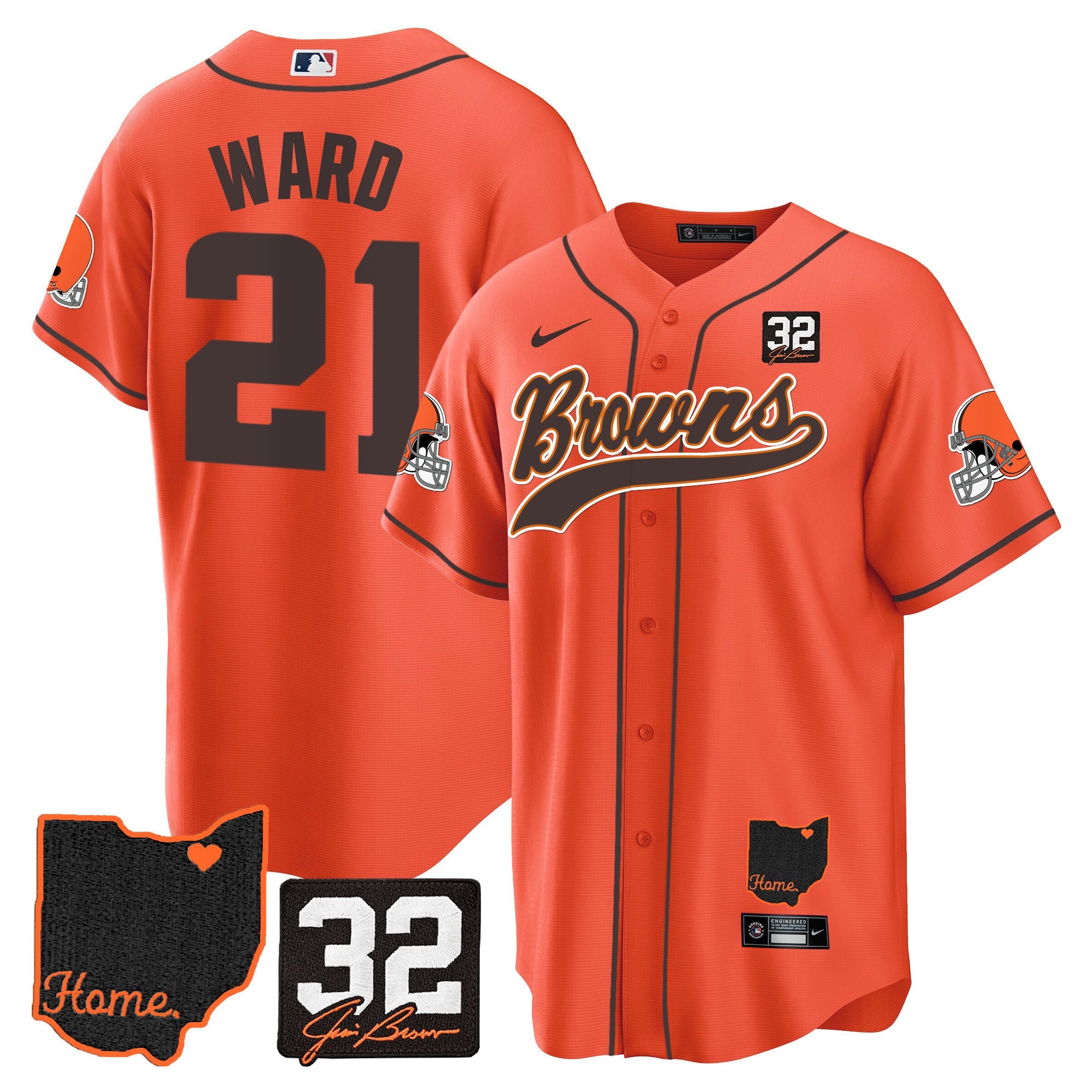 Browns #32 Jim Brown Memorial & Home Patch Baseball Jersey V2 – All Stitched – Orange – Denzel Ward Jersey