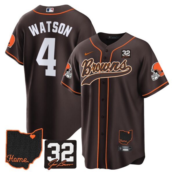 Browns #32 Jim Brown Memorial & Home Patch Baseball Jersey V2 – All Stitched – Brown – Deshaun Watson Jersey