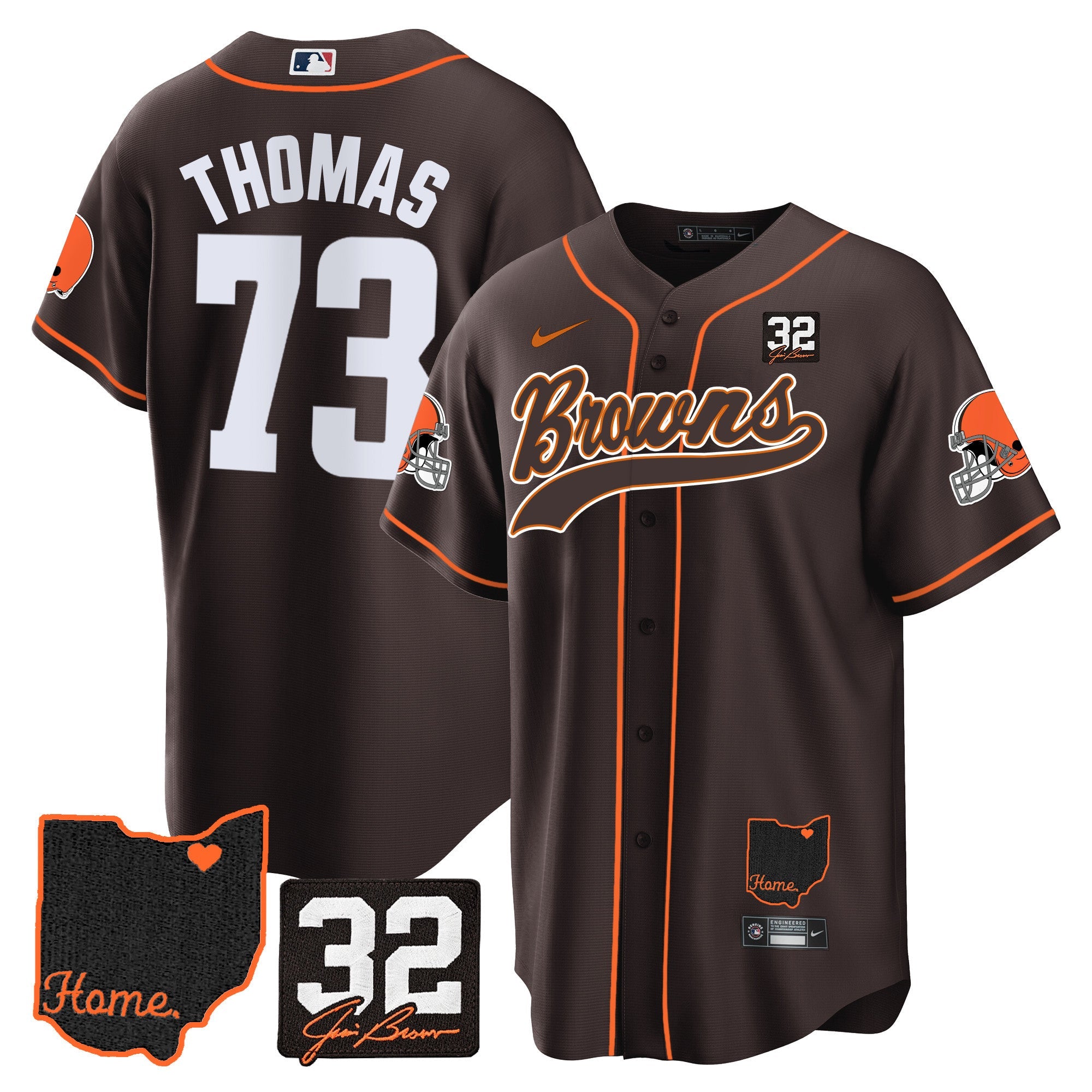 Browns #32 Jim Brown Memorial & Home Patch Baseball Jersey V2 – All Stitched – Brown – Joe Thomas Jersey
