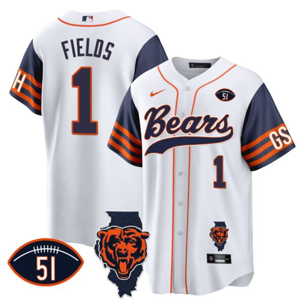 Bears Illinois Patch Baseball Jersey – All Stitched – Navy Sleeves – Justin Fields Jersey