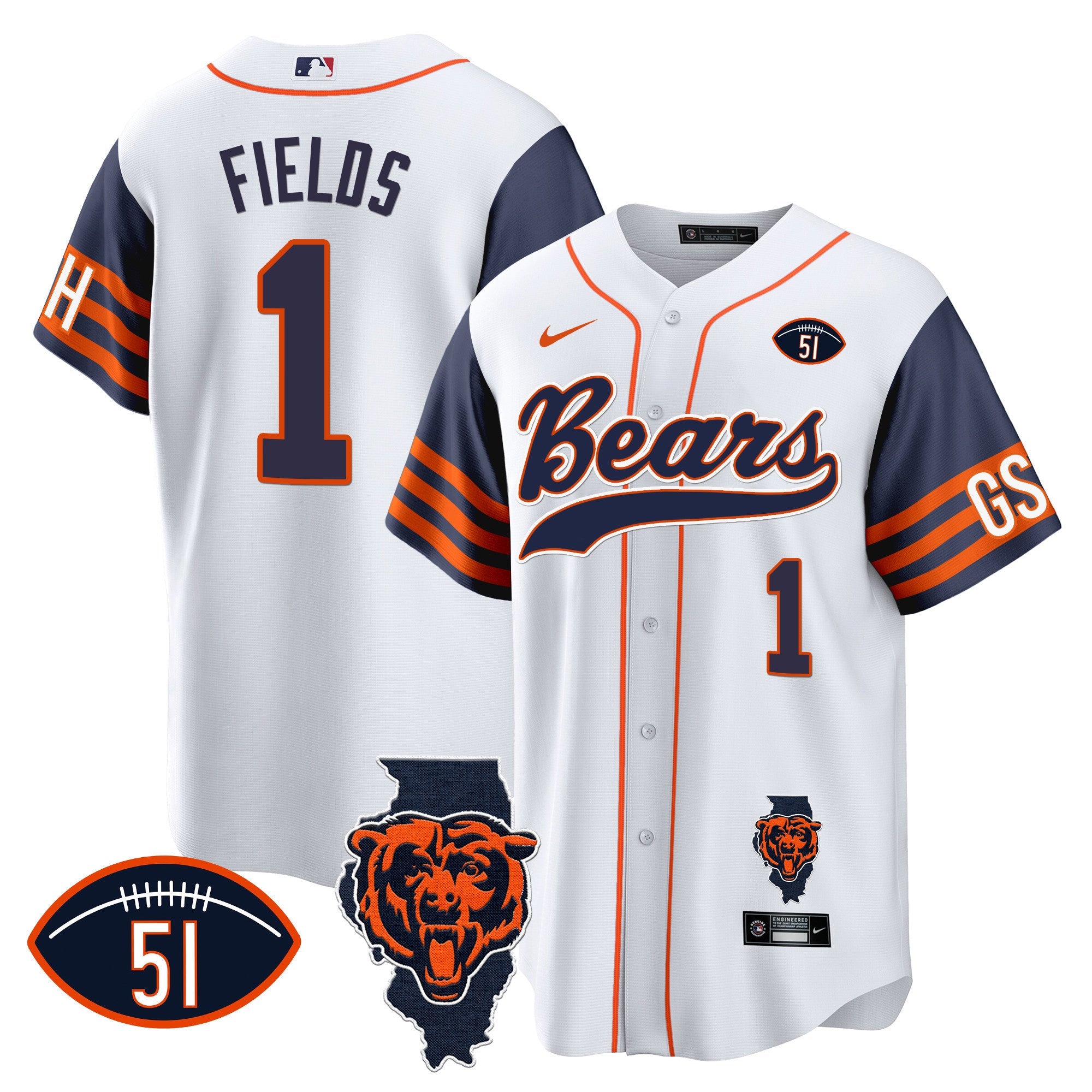 Bears Illinois Patch Baseball Jersey – All Stitched – Navy Sleeves – Justin Fields Jersey