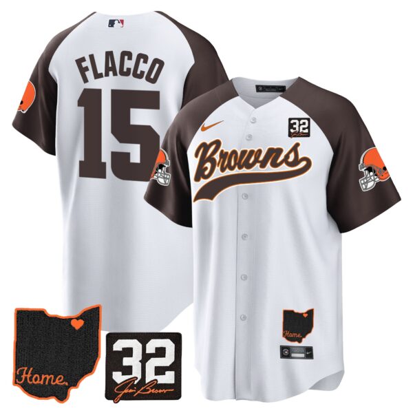 Browns #32 Jim Brown Memorial & Home Patch Baseball Jersey V2 – All Stitched – Inverted – Joe Flacco Jersey