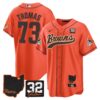 Browns #32 Jim Brown Memorial & Home Patch Baseball Jersey V2 – All Stitched – Orange – Joe Thomas Jersey