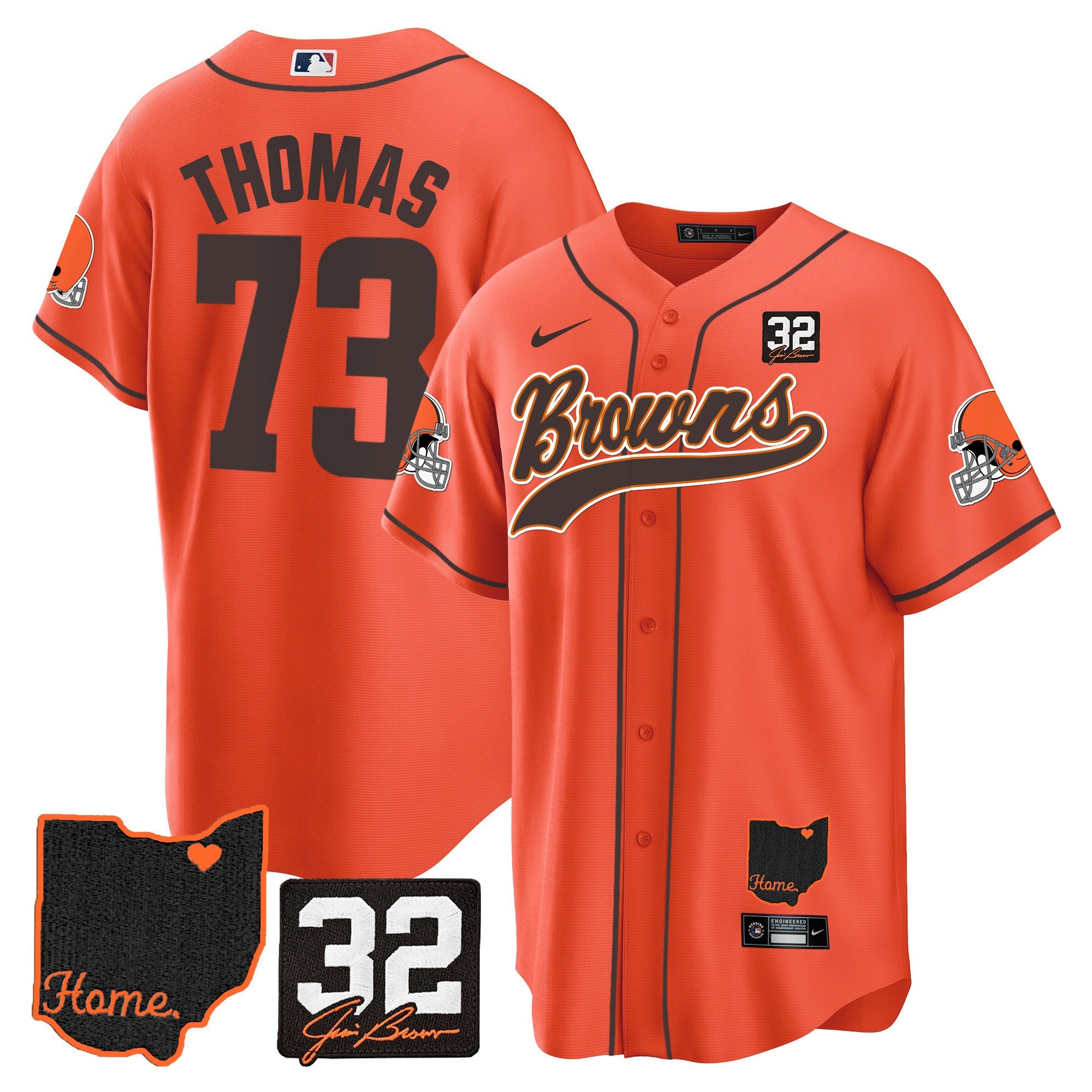 Browns #32 Jim Brown Memorial & Home Patch Baseball Jersey V2 – All Stitched – Orange – Joe Thomas Jersey