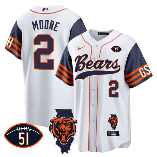 Bears Illinois Patch Baseball Jersey – All Stitched – Navy Sleeves – D.J. Moore Jersey
