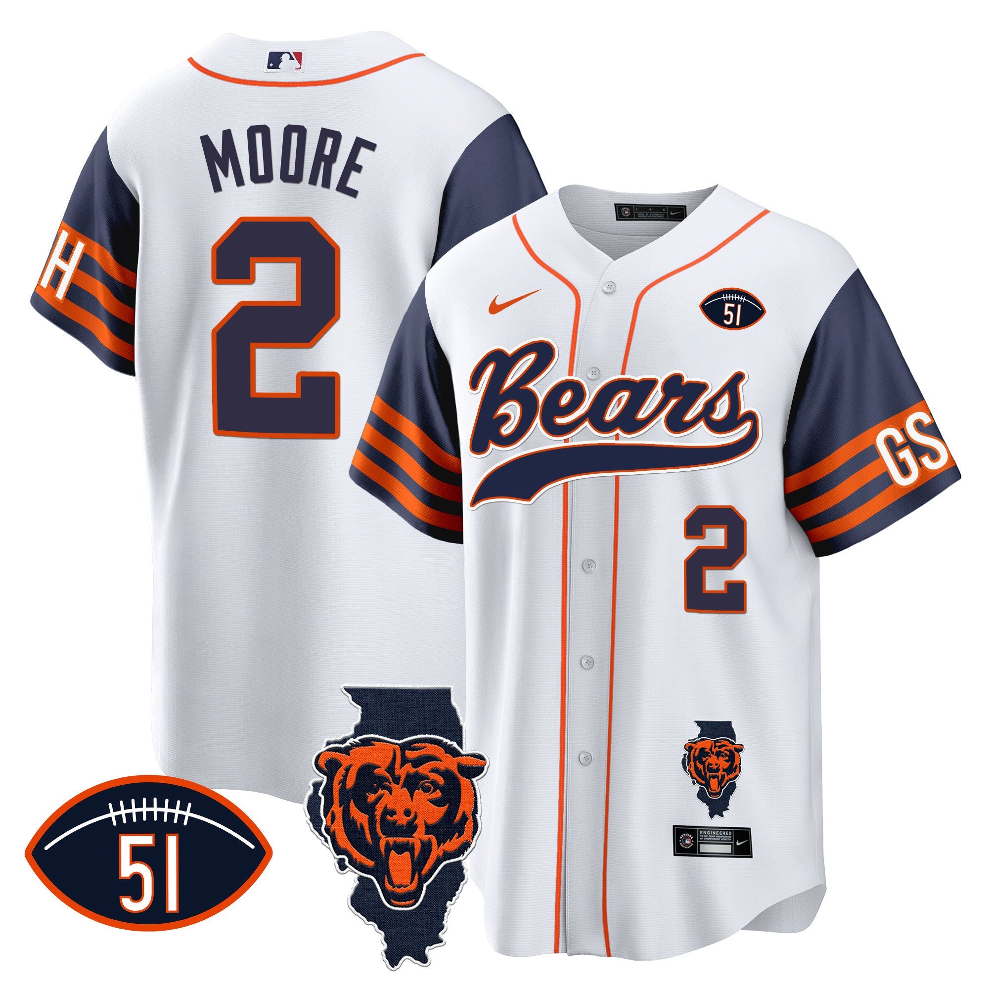 Bears Illinois Patch Baseball Jersey – All Stitched – Navy Sleeves – D.J. Moore Jersey