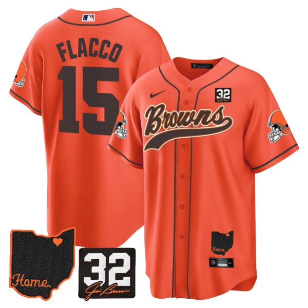 Browns #32 Jim Brown Memorial & Home Patch Baseball Jersey V2 – All Stitched – Orange – Joe Flacco Jersey