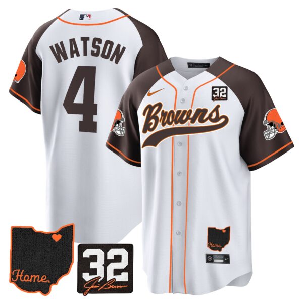 Browns #32 Jim Brown Memorial & Home Patch Baseball Jersey V2 – All Stitched – Inverted – Deshaun Watson Jersey