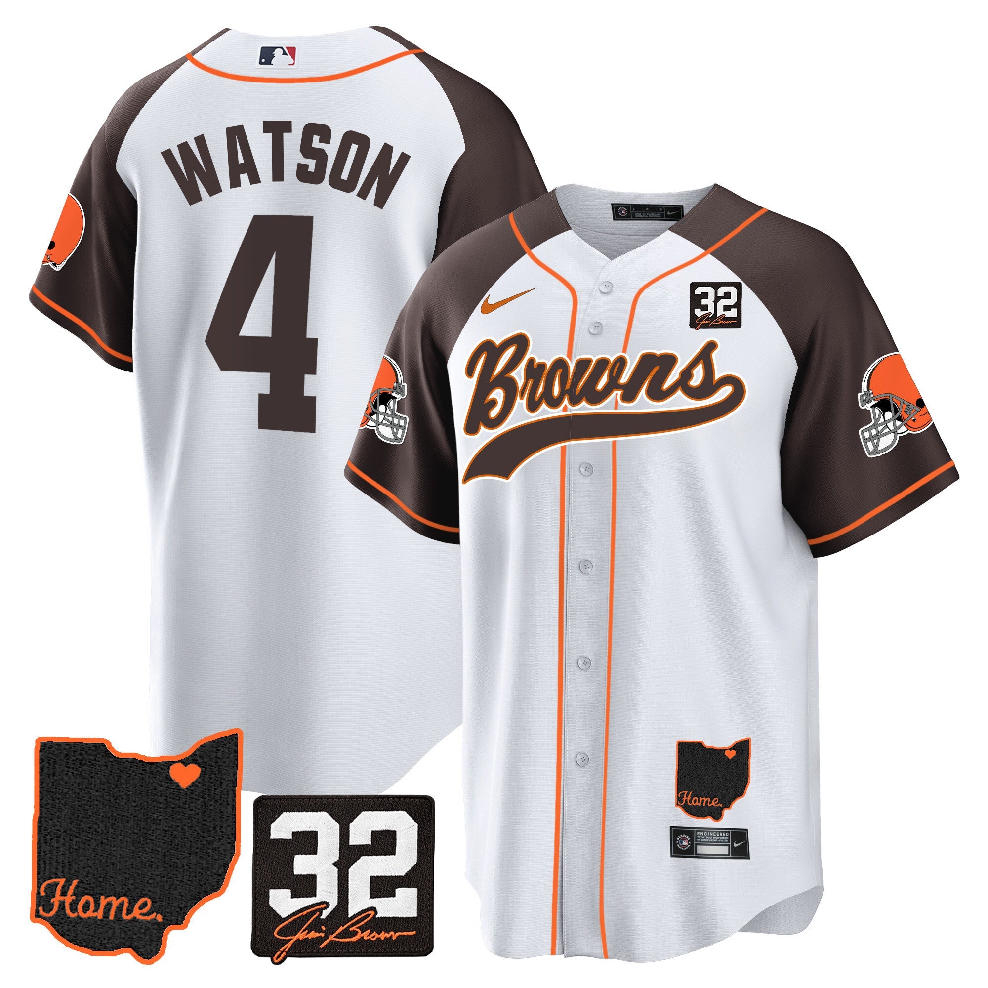 Browns #32 Jim Brown Memorial & Home Patch Baseball Jersey V2 – All Stitched – Inverted – Deshaun Watson Jersey