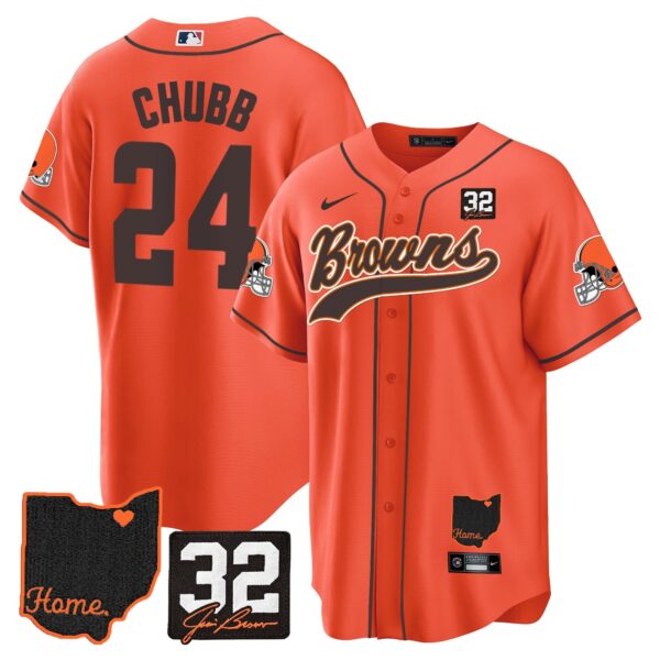 Browns #32 Jim Brown Memorial & Home Patch Baseball Jersey V2 – All Stitched – Orange – Nick Chubb Jersey