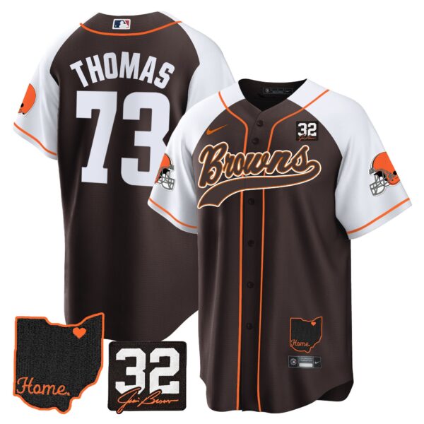 Browns #32 Jim Brown Memorial & Home Patch Baseball Jersey V2 – All Stitched – Alternate – Joe Thomas Jersey