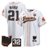 Browns #32 Jim Brown Memorial & Home Patch Baseball Jersey V2 – All Stitched – White – Denzel Ward Jersey