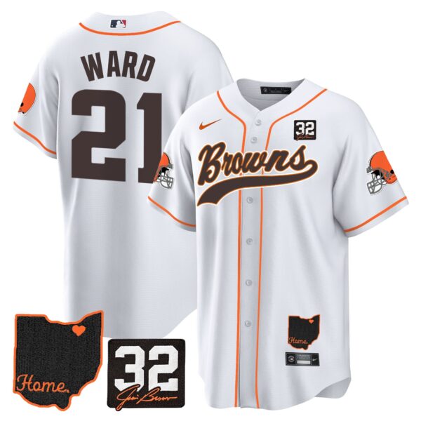 Browns #32 Jim Brown Memorial & Home Patch Baseball Jersey V2 – All Stitched – White – Denzel Ward Jersey