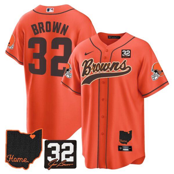 Browns #32 Jim Brown Memorial & Home Patch Baseball Jersey V2 – All Stitched – Orange – Jim Brown Jersey