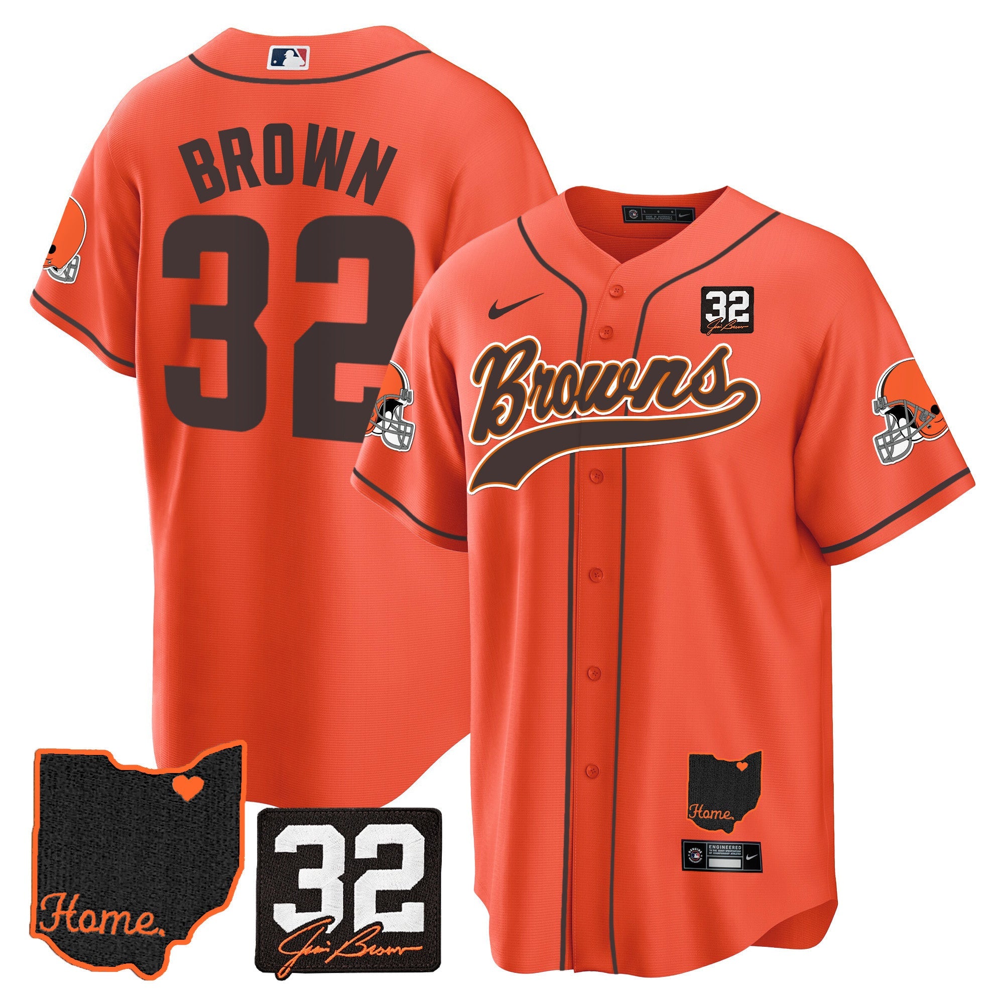 Browns #32 Jim Brown Memorial & Home Patch Baseball Jersey V2 – All Stitched – Orange – Jim Brown Jersey