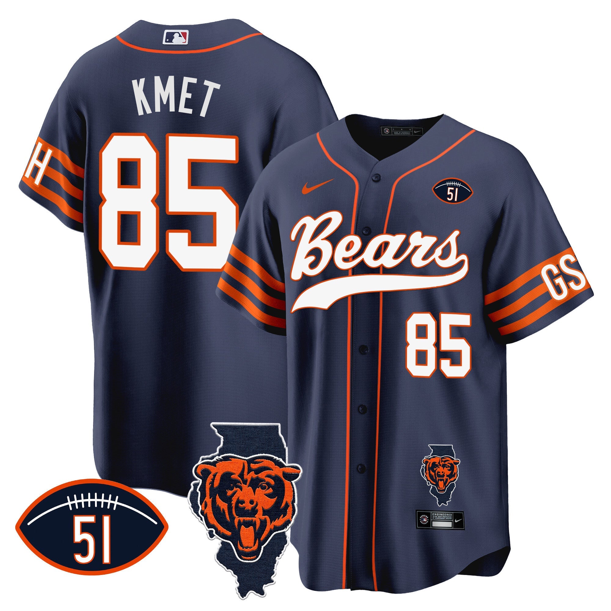 Bears Illinois Patch Baseball Jersey – All Stitched – Navy – Cole Kmet Jersey