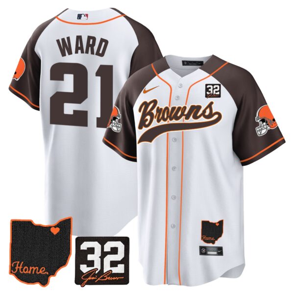 Browns #32 Jim Brown Memorial & Home Patch Baseball Jersey V2 – All Stitched – Inverted – Denzel Ward Jersey