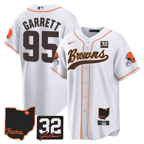 Browns #32 Jim Brown Memorial & Home Patch Baseball Jersey V2 – All Stitched – White – Myles Garrett Jersey
