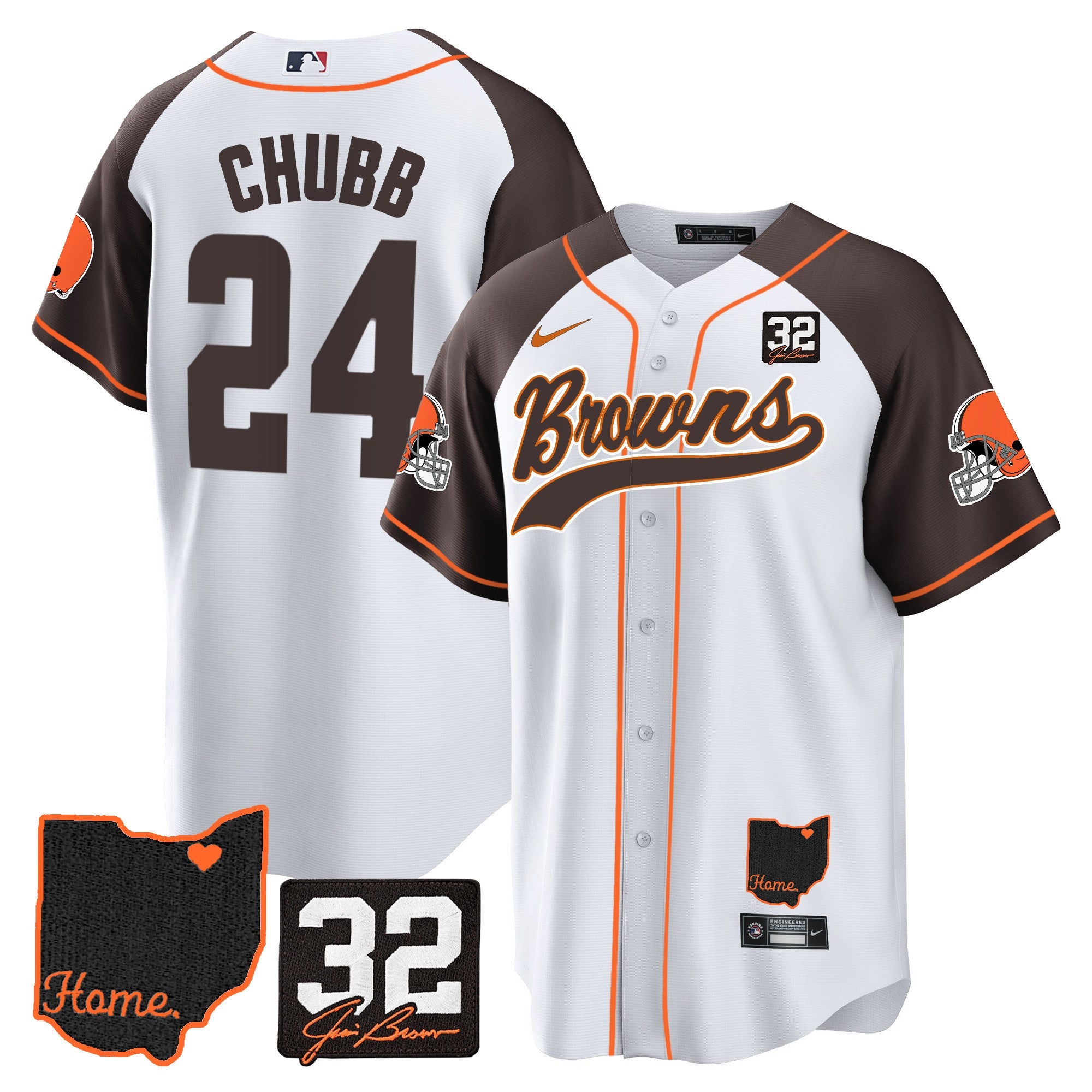 Browns #32 Jim Brown Memorial & Home Patch Baseball Jersey V2 – All Stitched – Inverted – Nick Chubb Jersey