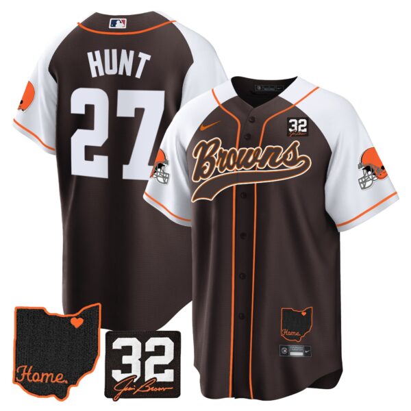 Browns #32 Jim Brown Memorial & Home Patch Baseball Jersey V2 – All Stitched – Alternate – Kareem Hunt Jersey