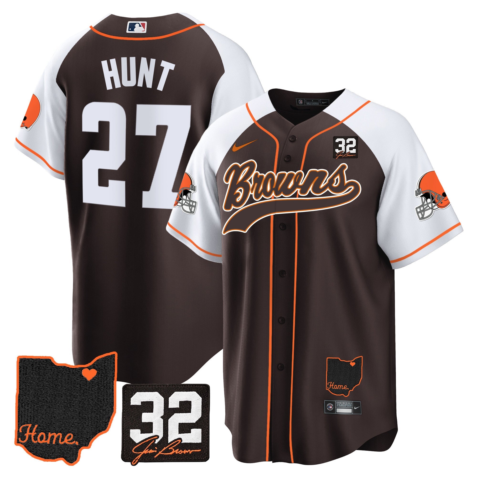 Browns #32 Jim Brown Memorial & Home Patch Baseball Jersey V2 – All Stitched – Alternate – Kareem Hunt Jersey