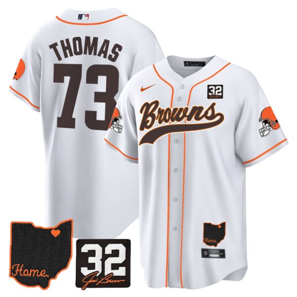 Browns #32 Jim Brown Memorial & Home Patch Baseball Jersey V2 – All Stitched – White – Joe Thomas Jersey