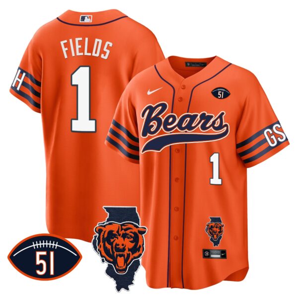 Bears Illinois Patch Baseball Jersey – All Stitched – Orange – Justin Fields Jersey