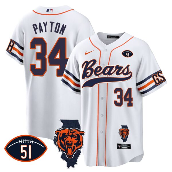 Bears Illinois Patch Baseball Jersey – All Stitched – White – Walter Payton Jersey