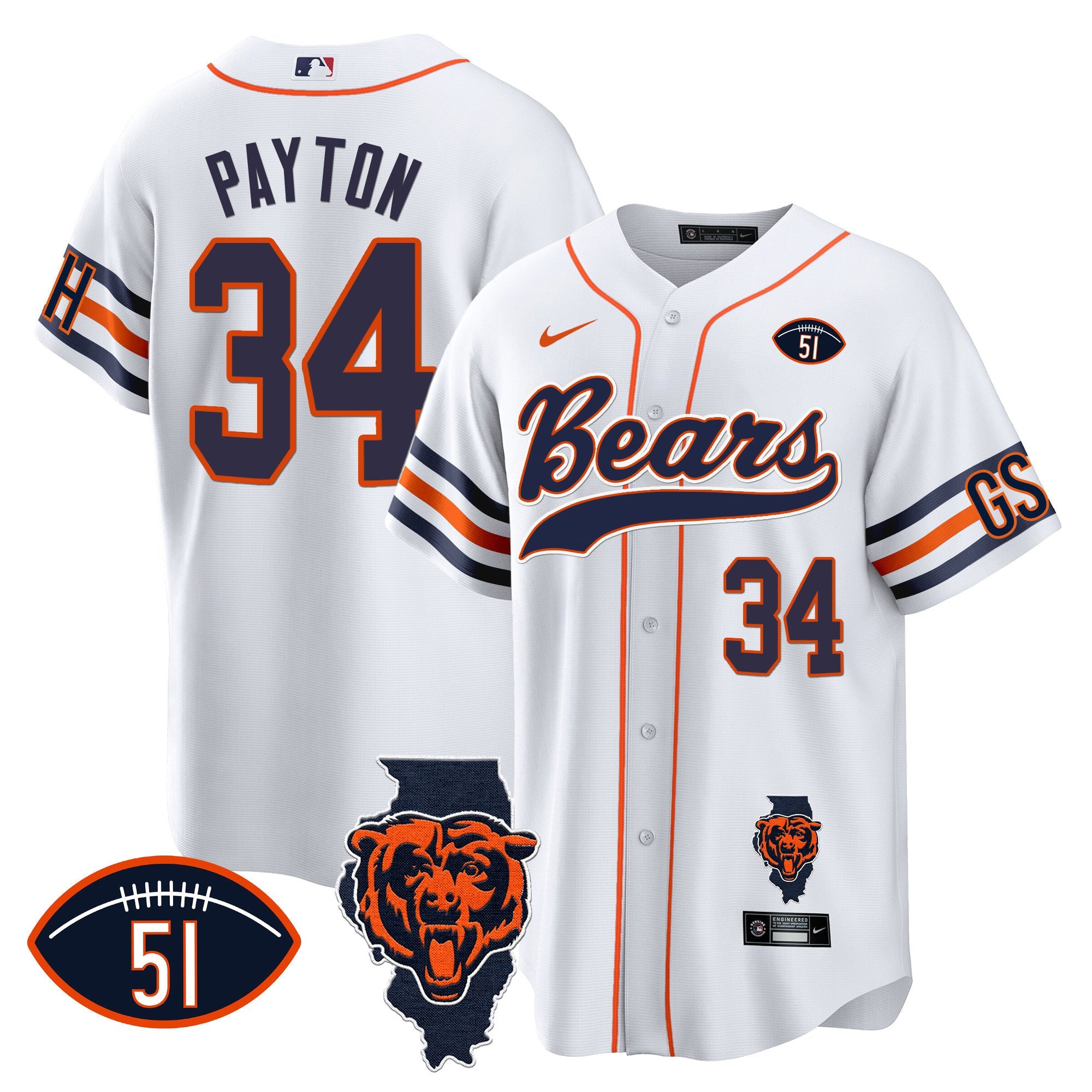 Bears Illinois Patch Baseball Jersey – All Stitched – White – Walter Payton Jersey