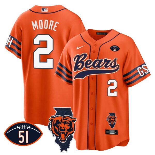 Bears Illinois Patch Baseball Jersey – All Stitched – Orange – D.J. Moore Jersey