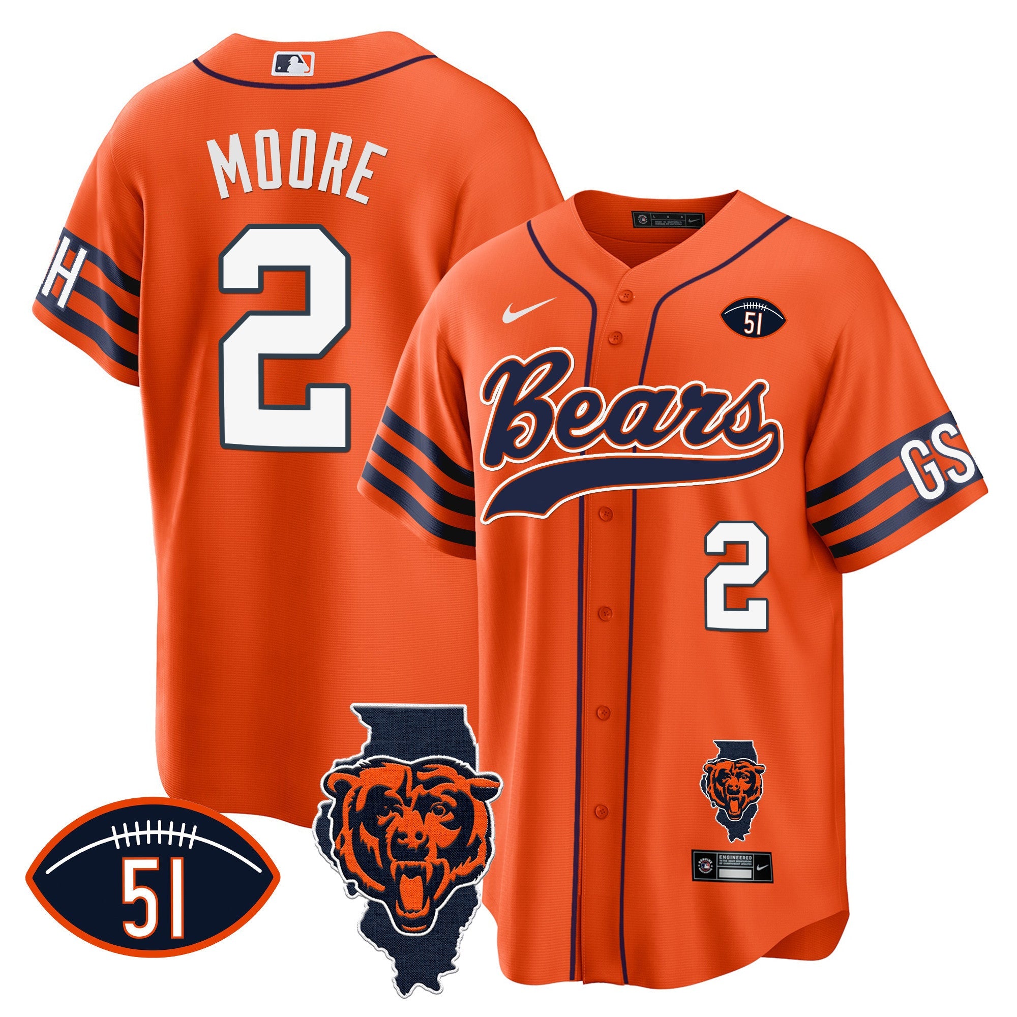 Bears Illinois Patch Baseball Jersey – All Stitched – Orange – D.J. Moore Jersey