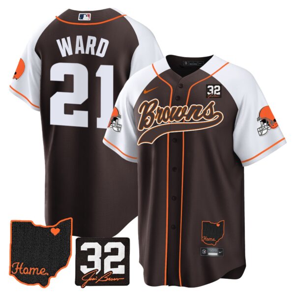 Browns #32 Jim Brown Memorial & Home Patch Baseball Jersey V2 – All Stitched – Alternate – Denzel Ward Jersey