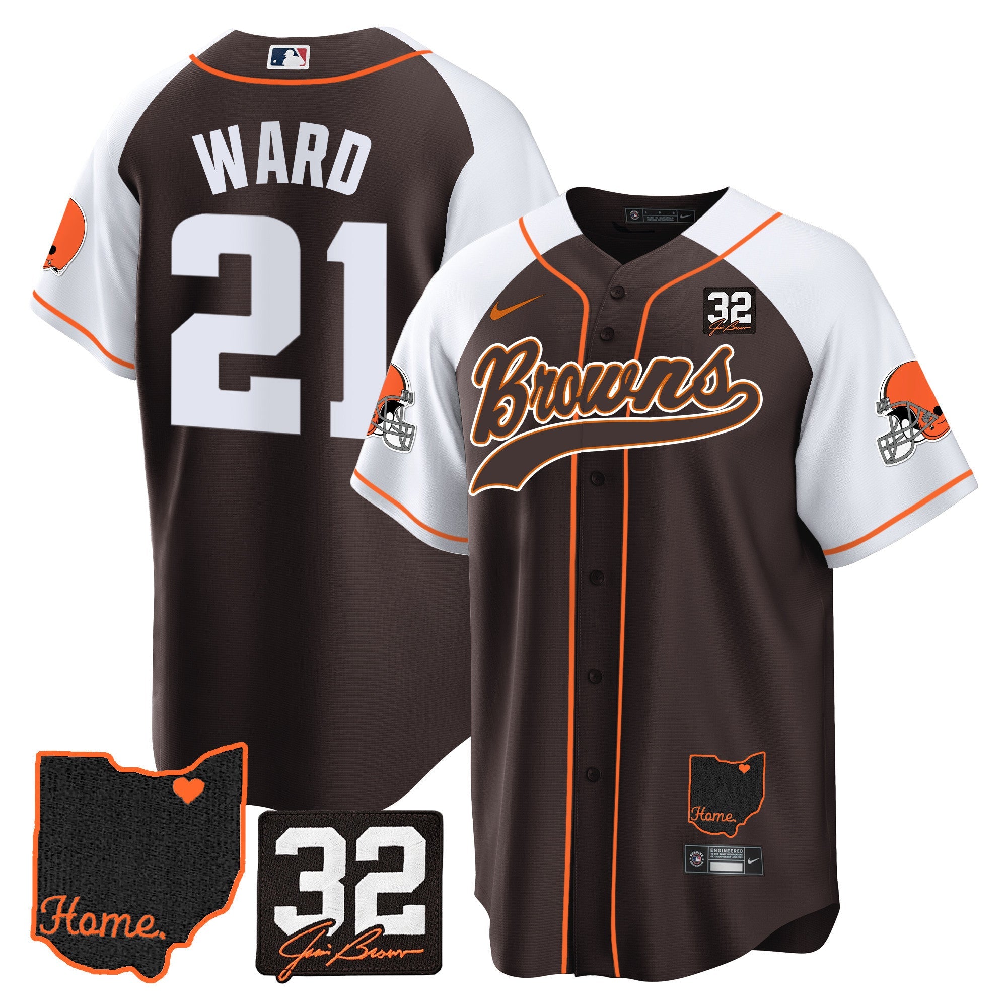 Browns #32 Jim Brown Memorial & Home Patch Baseball Jersey V2 – All Stitched – Alternate – Denzel Ward Jersey