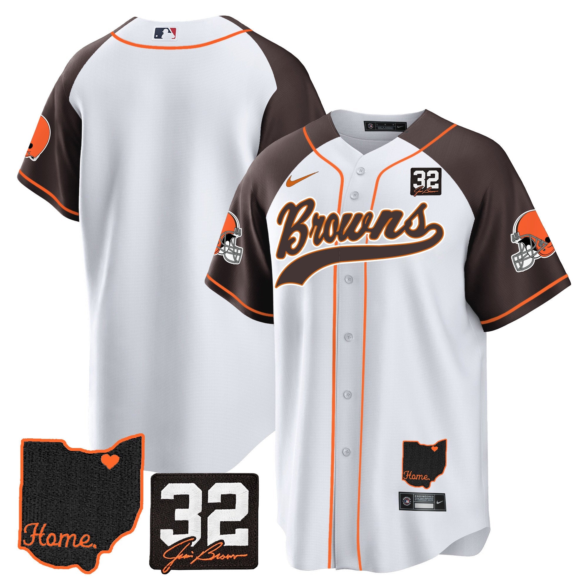 Browns #32 Jim Brown Memorial & Home Patch Baseball Jersey V2 – All Stitched – Inverted – Team Jersey