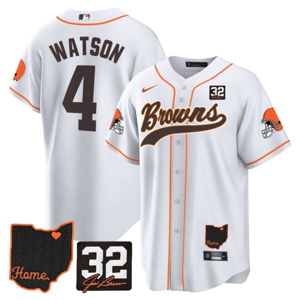 Browns #32 Jim Brown Memorial & Home Patch Baseball Jersey V2 – All Stitched – White – Deshaun Watson Jersey