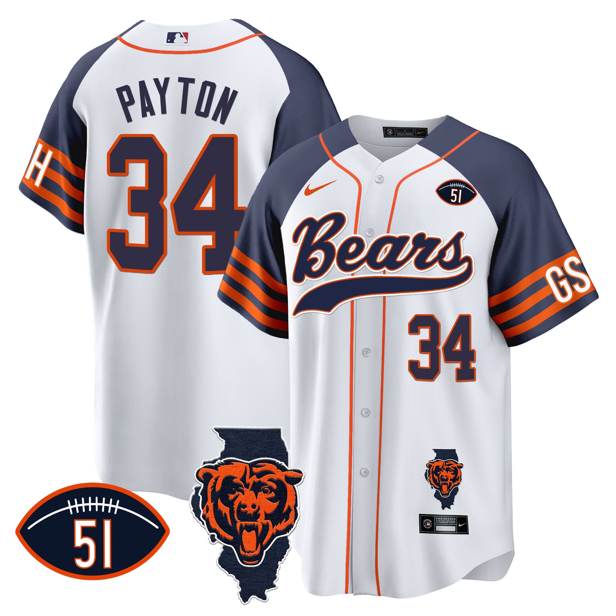 Bears Illinois Patch Baseball Jersey – All Stitched – Inverted – Walter Payton Jersey