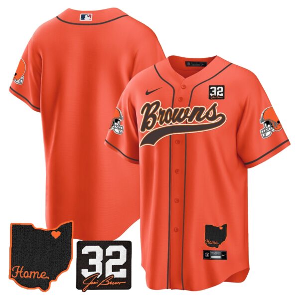Browns #32 Jim Brown Memorial & Home Patch Baseball Jersey V2 – All Stitched – Orange – Team Jersey