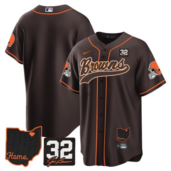 Browns #32 Jim Brown Memorial & Home Patch Baseball Jersey V2 – All Stitched – Brown – Team Jersey