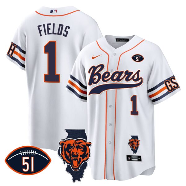 Bears Illinois Patch Baseball Jersey – All Stitched – White – Justin Fields Jersey