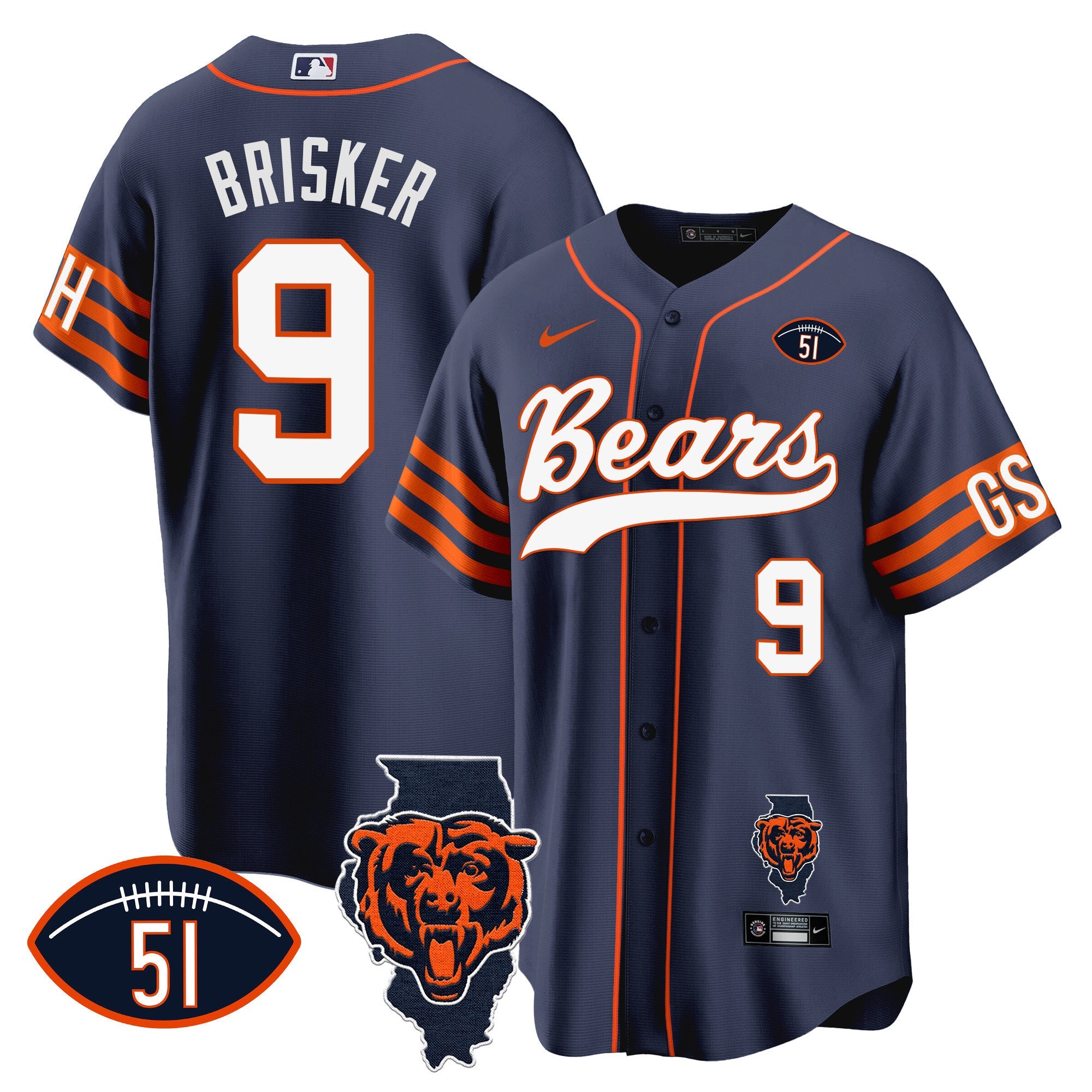 Bears Illinois Patch Baseball Jersey – All Stitched – Navy – Jaquan Brisker Jersey